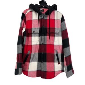 Express Mens Flannel Shirt Jacket with Hood Red Black Plaid L/G